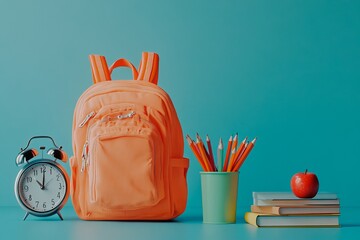 Backpack, apple, books, alarm clock. Back to school concept.