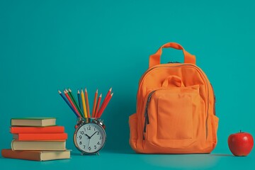 Backpack, apple, books, alarm clock. Back to school concept.