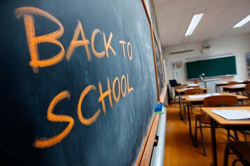 Back to school written on a blackboard in an empty classroom