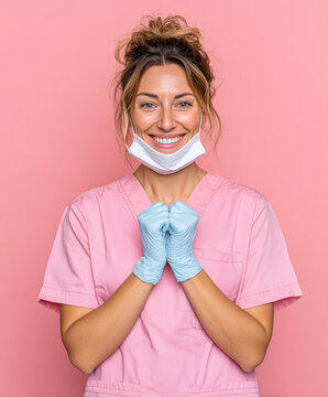 female dentist with surgical gloves and a mask pulled down