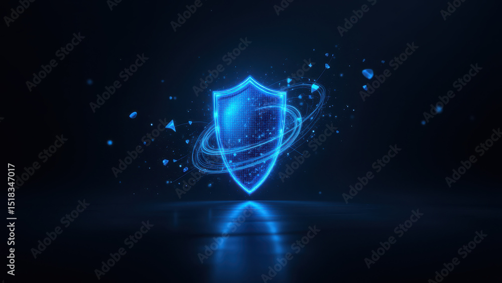 Poster a dynamic blue shield with a futuristic design symbolizing internet security.