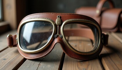 Vintage leather aviator goggles on rustic wood surface