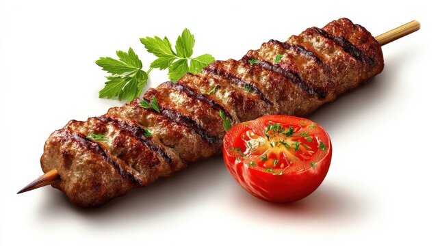 Grilled lula kebab with tomato and parsley on white background
