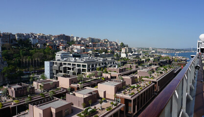 Istanbul, Turkey - Galataport waterfront in Karakoy with a view of the city skyline
