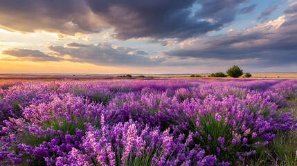 Fototapeta premium Beautiful landscape of lavender field in full bloom under cloudy sunset sky