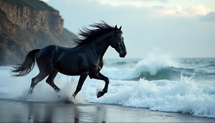 Fototapeta premium Majestic horse galloping freely against ocean waves background