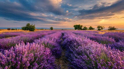 Fototapeta premium Beautiful landscape of lavender field in full bloom under cloudy sunset sky