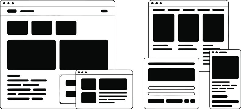 Illustration of multiple website wireframes and layouts with various content placeholders shown