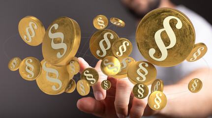 Abstract image of golden paragraph symbols hovering around a hand, representing legal concepts.