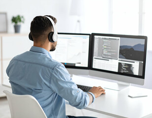 back view of remote worker with headphones looking at dual screens, modern white home interior