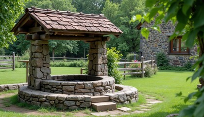 Traditional wishing well in lush garden