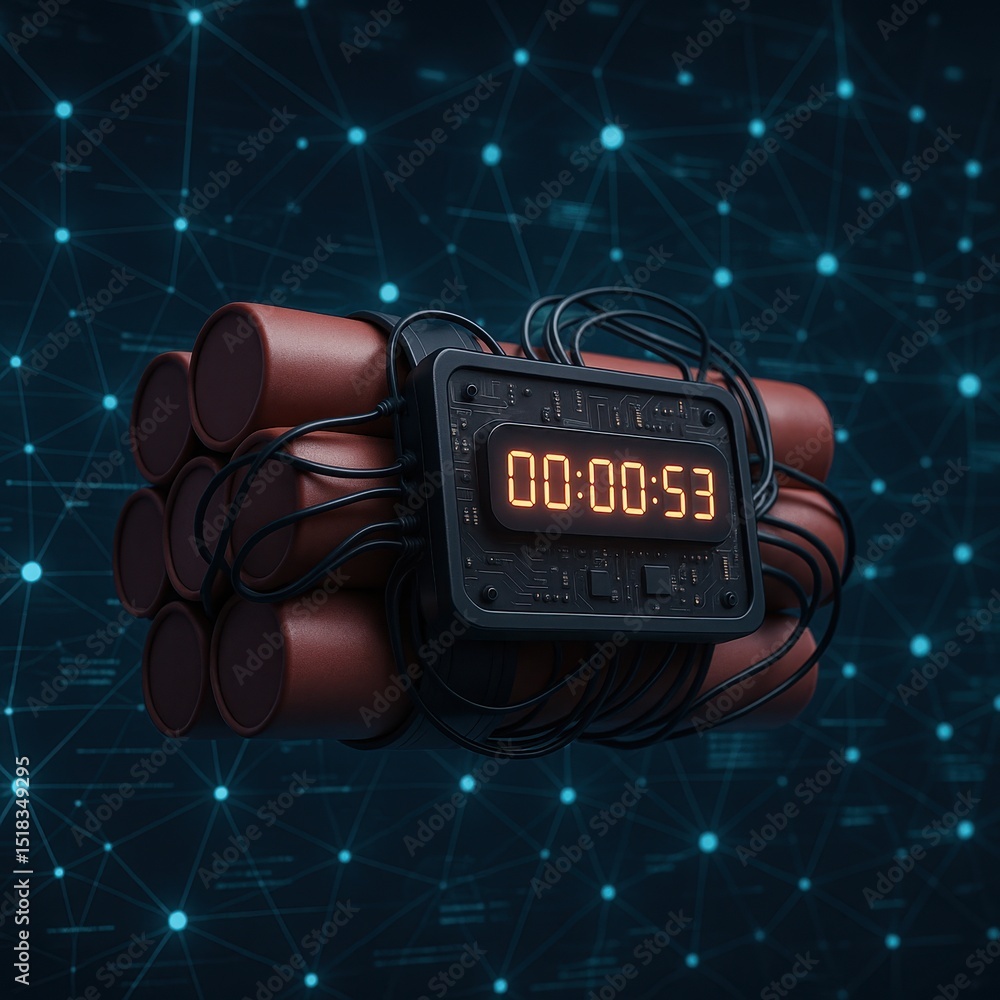 Poster enterprise network facing risk from a logic bomb countdown scenario with explosives visibly wired fo