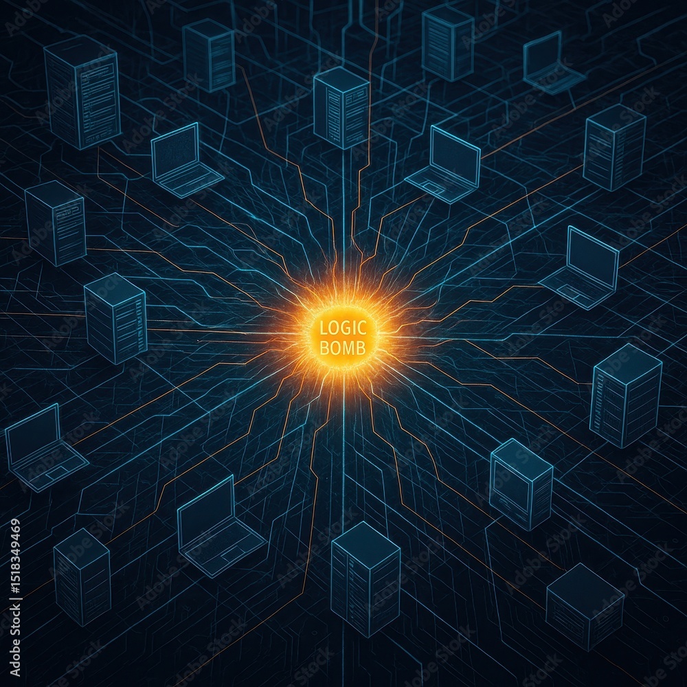Poster logic bomb attack impacting enterprise network security in a digital environment with interconnected