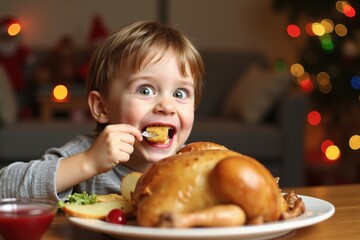 Naklejka premium A happy white child greedily eats roasted turkey with crispy potatoes and bright cranberry sauce, eyes wide with excitement. The cozy room is decorated with colorful Christmas lights and toys