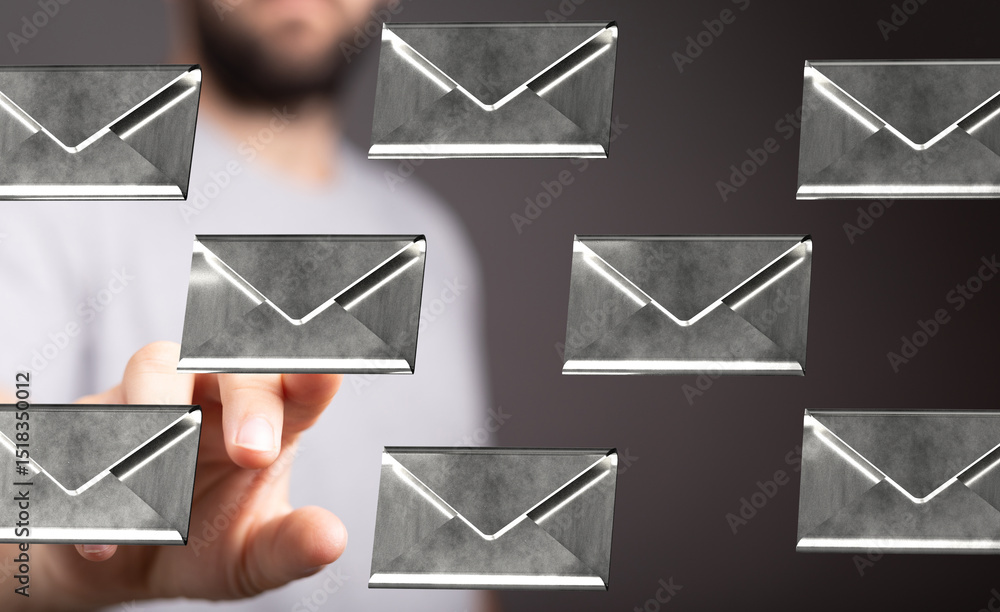 Poster abstract image of a man interacting with digital email icons, representing communication and technol