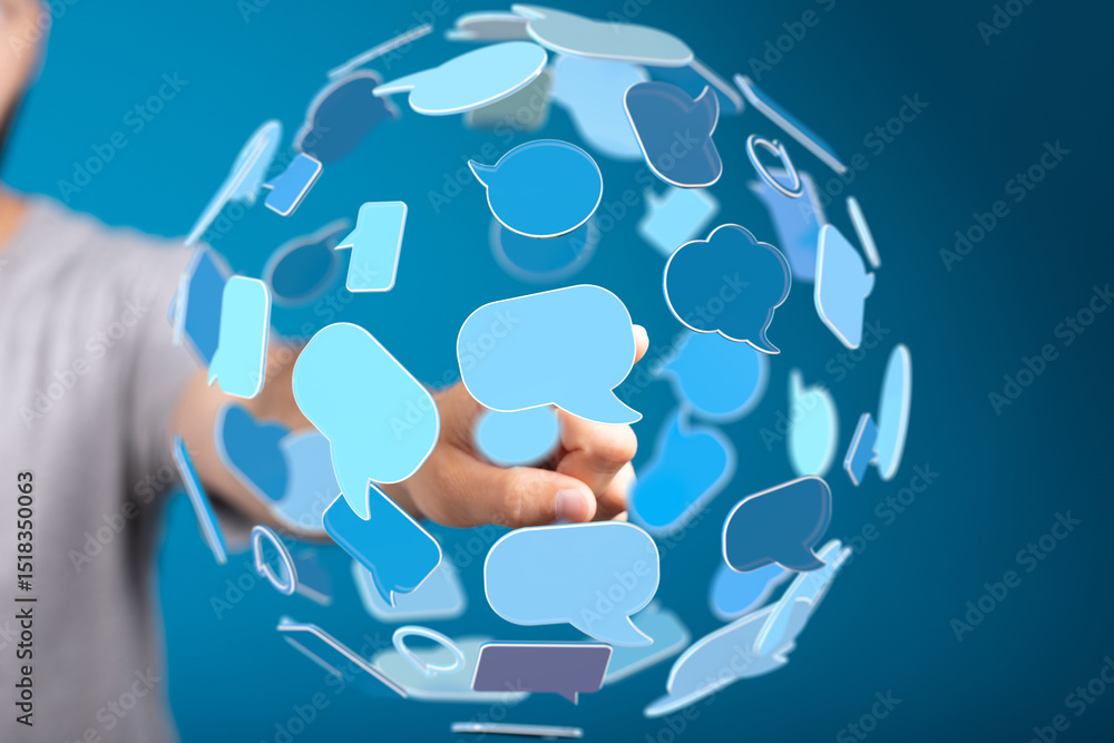 Poster person interacts with a digital sphere of speech bubbles, symbolizing global communication and netwo