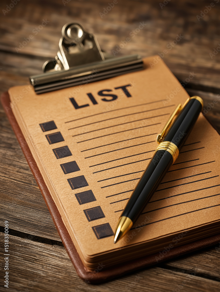 Poster clipboard with list and pen placed on wooden table for organizing tasks and notes