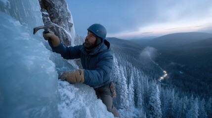 climber grips an ice axe while scaling a frozen cliff in a serene, snow-blanketed forest. early morning light casts a soft glow over the rugged terrain and distant trees