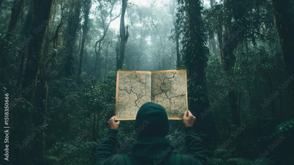 Poster a person holds up a map in a forest, great for outdoor adventures and navigation
