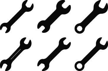 Six black wrenches of varying styles presented on a white background