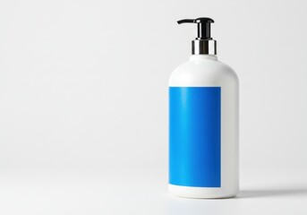 White pump bottle with blue label mockup