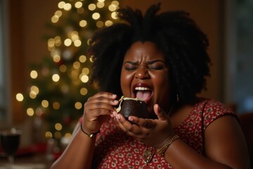 A plus-size black woman ravenously eats Christmas pudding, eyes closed in pure delight, hands messy. The background features a warmly lit dining room with holly and fairy lights
