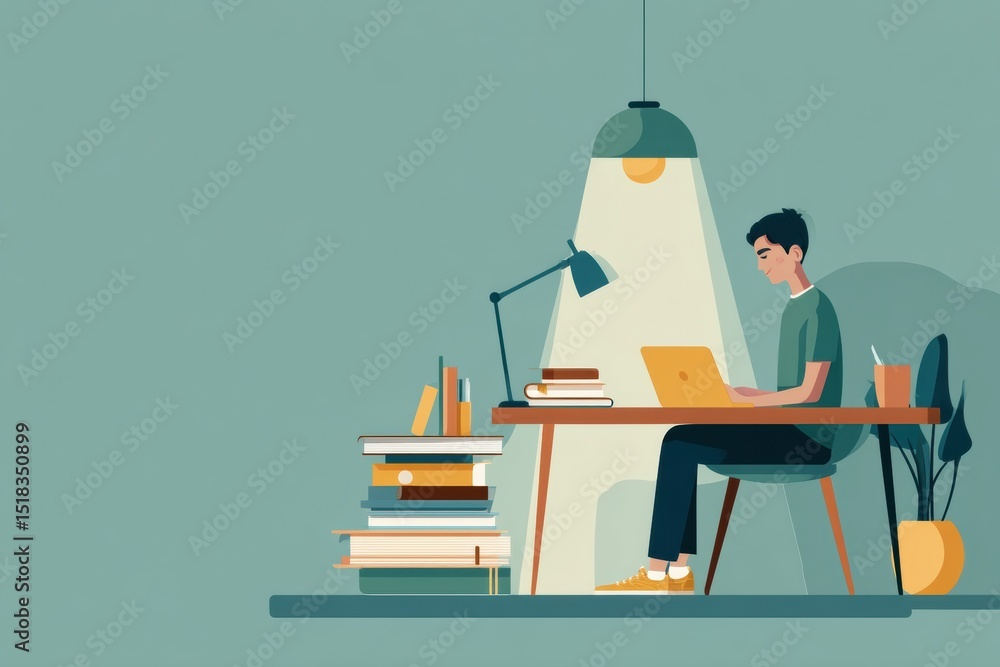 Aufkleber student engaged in online learning with tablet on desk surrounded by books and lamp in a cozy study 