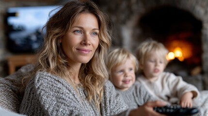 Obraz premium mother sits comfortably on a couch with her two young children, engaging with a remote control while watching a movie. ambiance is warm and inviting, highlighted by a crackling fireplace
