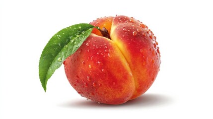 Ripe nectarine fruit with leaf showing water droplets on white background