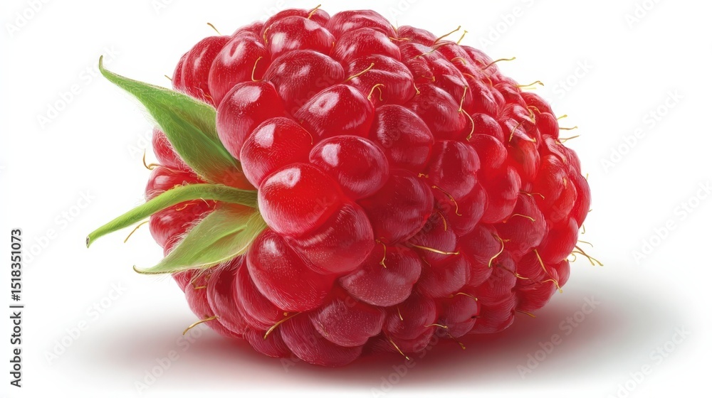 Poster fresh red raspberry showing tiny hairs and green leaves on white background