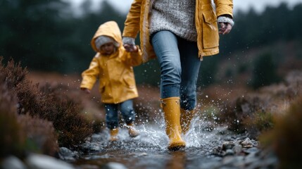 Parent and child walk hand in hand through a flowing stream on a rainy day, both wearing cheerful yellow rain jackets and boots while splashing in the water