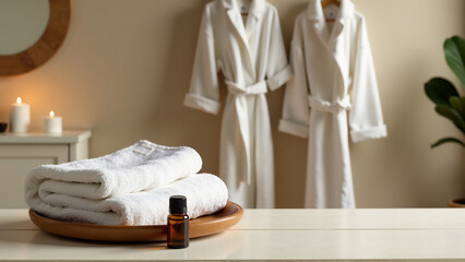 A luxurious spa setting, with soft towels, bathrobes, essential oils, and other elements that promote relaxation and self-care.