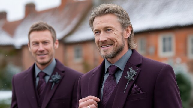 Two well-dressed men wearing purple suits smile and enjoy the winter atmosphere while standing outdoors. Snow covers the ground and roofs, creating a festive backdrop