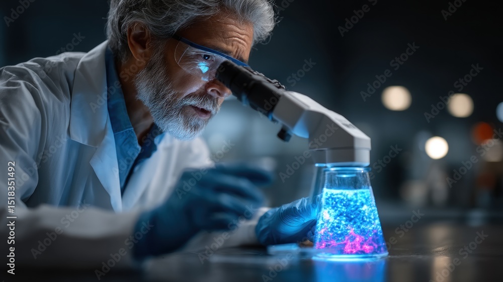 Poster in a well-equipped laboratory, a diligent scientist focuses on a flask containing a vibrant, glowing