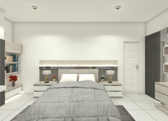 A 3D interior design for a bedroom, featuring a modern panel headboard and bedside tables