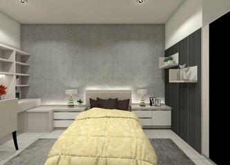 A 3D interior design for a semi-industrial bedroom, featuring a minimalist panel headboard and bedside tables
