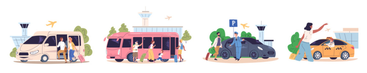 Airport transfer. Car van taxi waiting tourist at terminal, bus transport arrive passengers to hotel after plane flight, travel trip ride cab service classy vector illustration