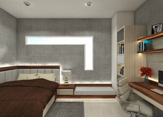 3D interior design of a bedroom featuring a cushion headboard, bedside tables and seating bench