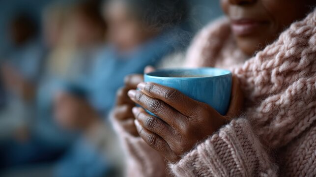 person holds a steaming mug in their hands while wearing a thick knitted sweater, surrounded by friends enjoying a warm winter gathering in a comfortable indoor space