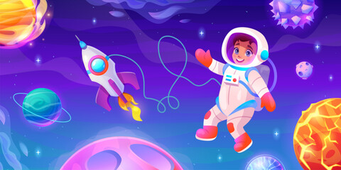 Naklejka premium Kids astronauts outer space. Children little astronaut exploring galaxy planets universe on cosmic rocket in star sky, cartoon kid cosmonaut in spacesuit swanky vector illustration