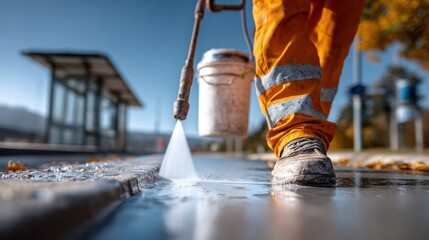 worker dressed in orange overalls is using a pressure washer to clean the pavement near a bus stop. bright sunshine enhances the scene with clear blue skies and fallen leaves
