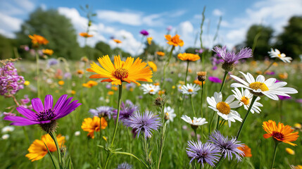 Colorful Wildflowers Blooming in Summer Meadow