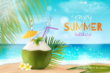 Coconut water poster. Realistic coco cocktail ad banner, coconut fresh drink summer vacation beach party hawaii bar tropical palm fruit juice, exact background vector illustration