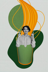 Fototapeta na wymiar Creative composite sketch design artwork collage of cuisine gourmet cooking meal young lady appear box noodle chinese kitchen finger up