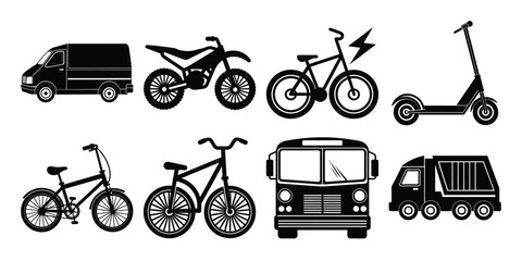 Transportation, vehicle icon set. Vector glyph pictograms of travel, logistics, public transit concepts, car, train, bus, bicycle, boat, and airplane black silhouette illustration © SUMAIYA
