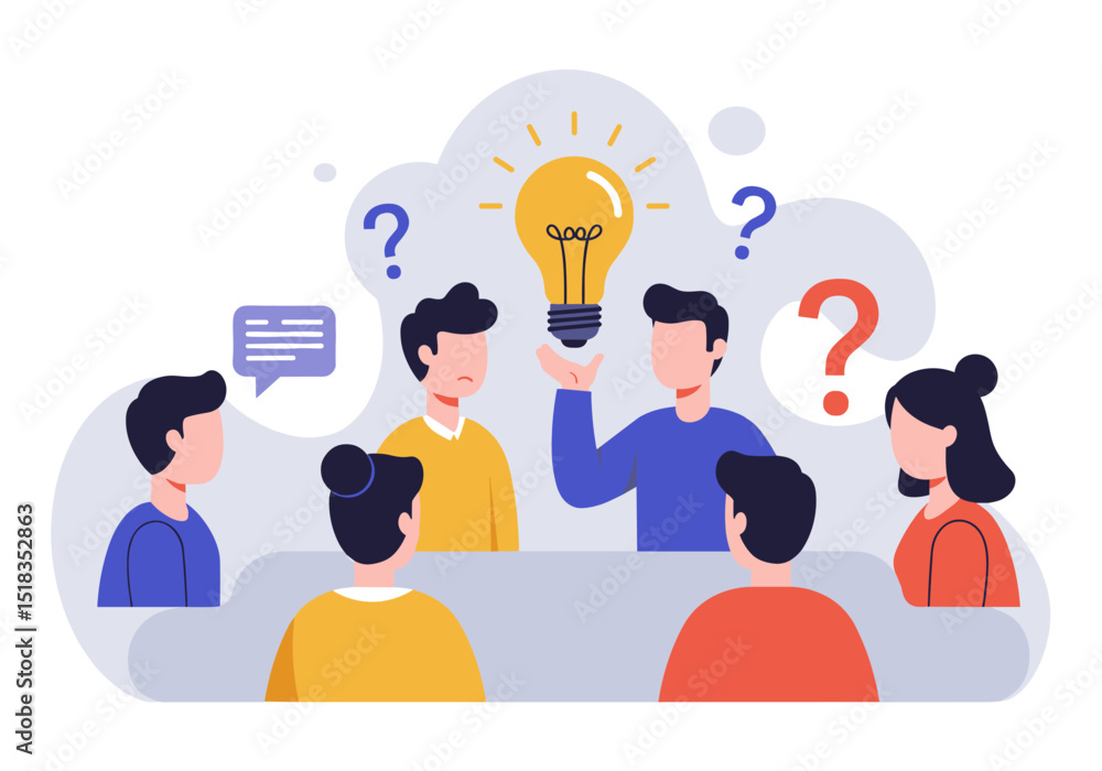 Poster flat vector a group of people, represented by a man with an idea and the others with questions
