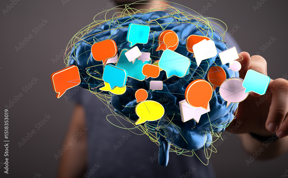 Poster abstract image of a brain with colorful speech bubbles, representing communication and ideas.