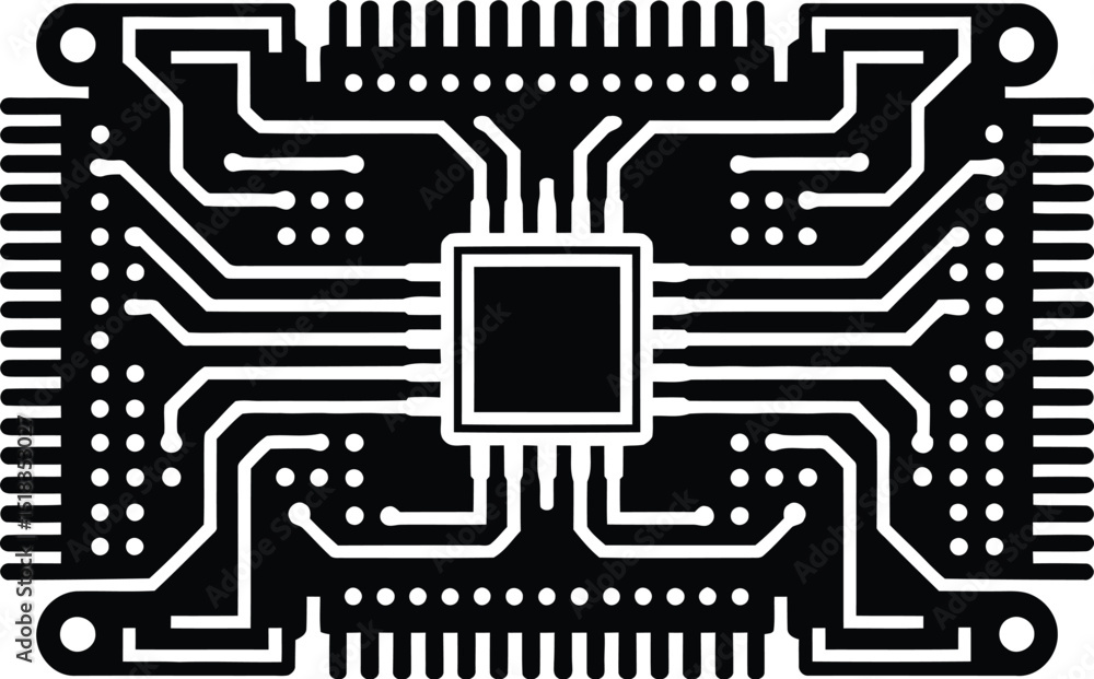Poster a detailed black and white illustration of a microchip with intricate circuit patterns and connectio