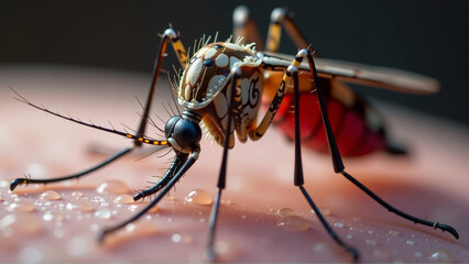 Fototapeta premium A close-up, detailed image of a mosquito, showcasing its features and highlighting its role as a vector for diseases.