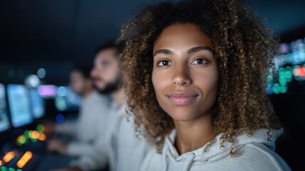Individuals in a dimly lit control room engage deeply with multiple screens, analyzing data late at night, showcasing teamwork and concentration in a tech-driven environment